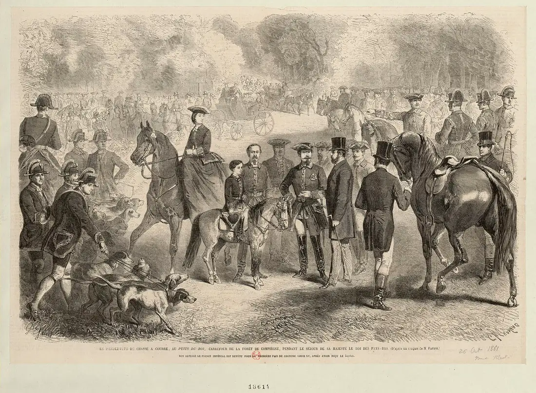 Gravure ancienne : cavaliers et chiens au rendez-vous de chasse du Puits du Roi